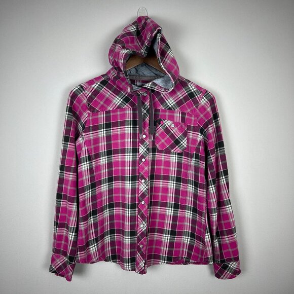 Carhartt Flannel Shirt Womens Small Pink Plaid‎ Hooded Pearl Snap Rugged Shacket - Picture 1 of 9